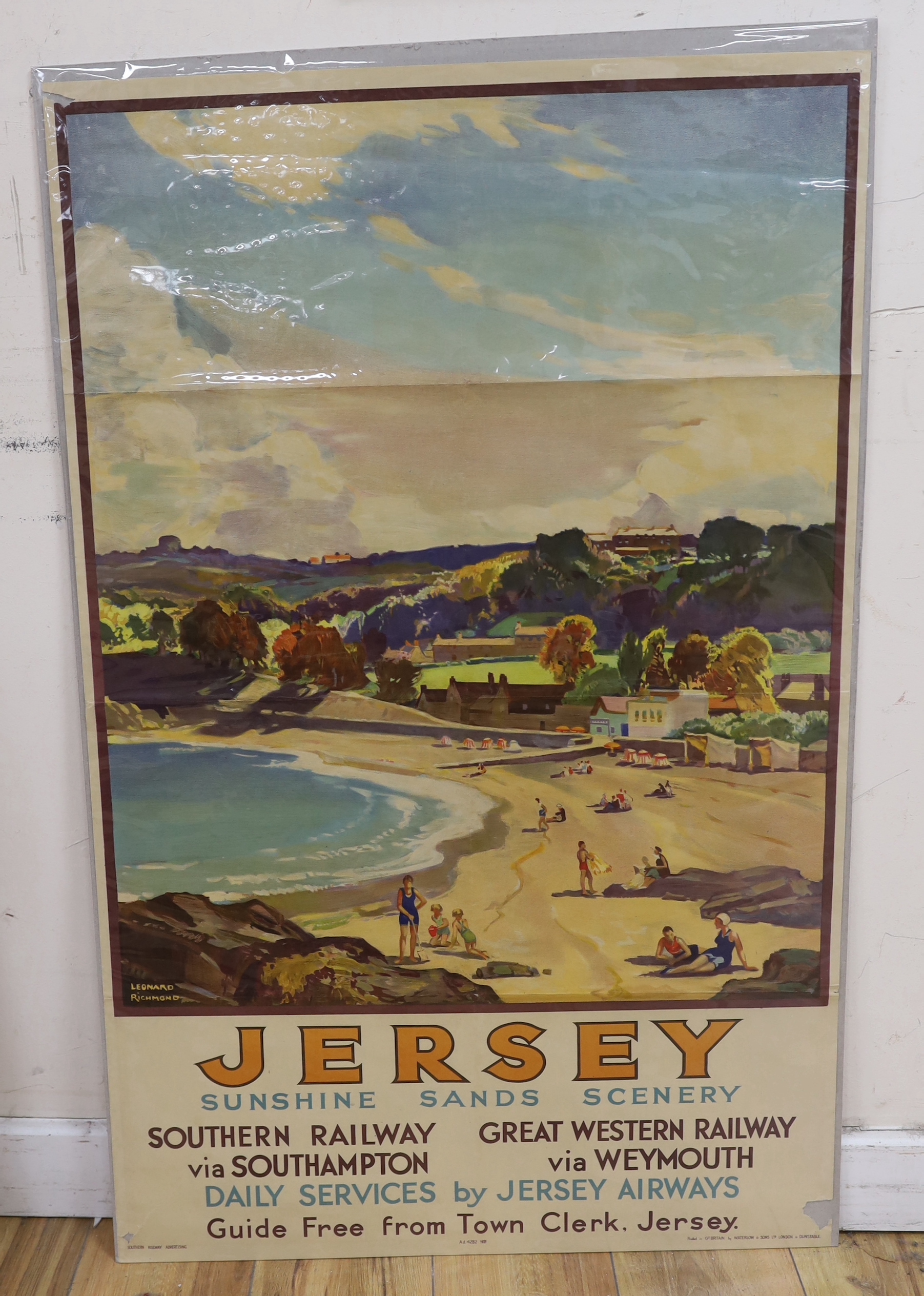 Leonard Richmond (1889-1965), lithographic poster, 'Jersey; Sunshine, Sands, Scenery', 1937, 101.5 x 63.5cm, unframed